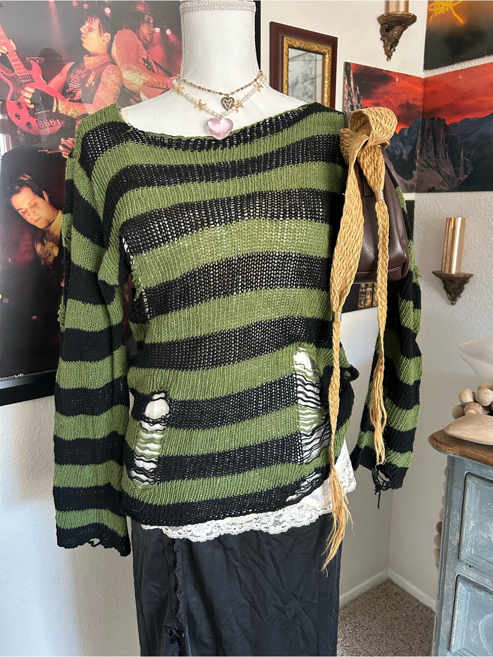 Distressed Knit Sweater Womens Size M Black Green Stripe Holes Grunge 90s Gothic
